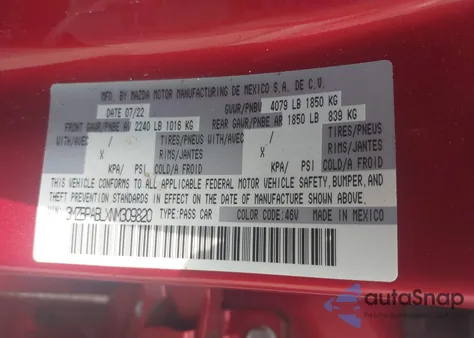 2022 Mazda Mazda3 Select from USA, damaged, VIN 3MZBPABLXNM309820